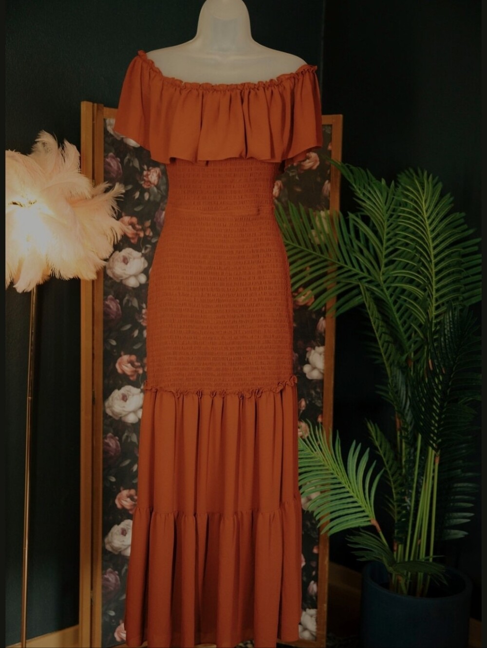 Off-Shoulder Ruffled Maxi Dress in Dusty Rose